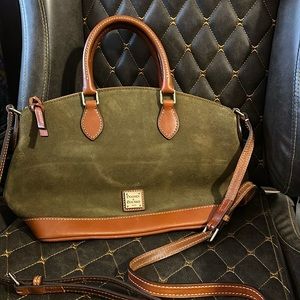 VERY GOOD - Used - Dooney & Bourke Green Suede and Brown Leather Bowler Bag